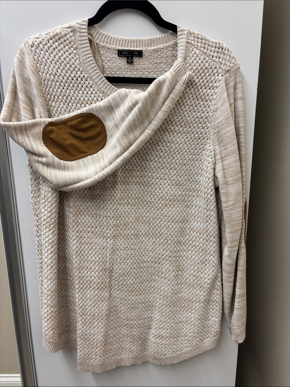 Letty & Me Cream Crewneck Sweater with Tan Elbow Patches
